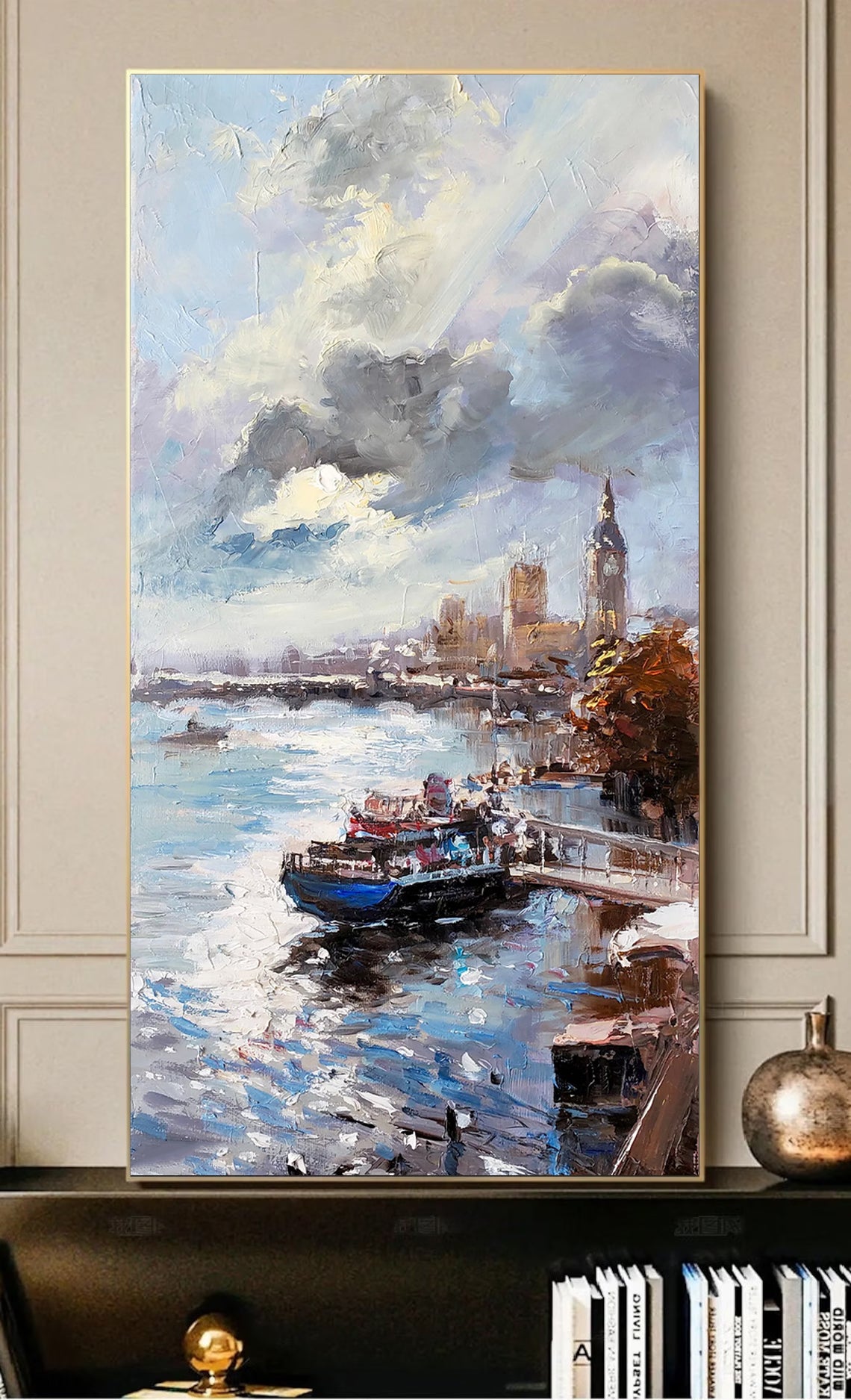 a painting of a boat in a harbor