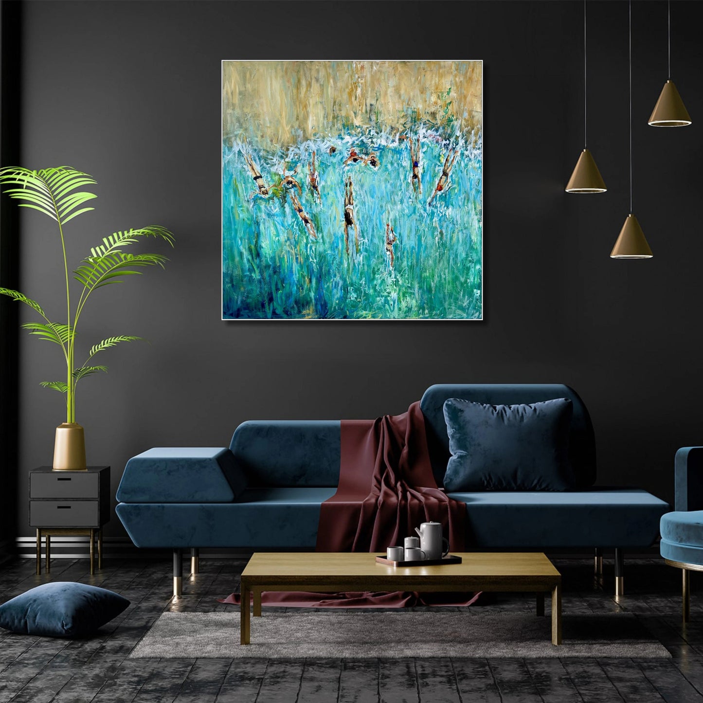 a modern living room with a blue sofa, a wooden coffee table, and a large abstract painting hanging on the wall above the sofa.