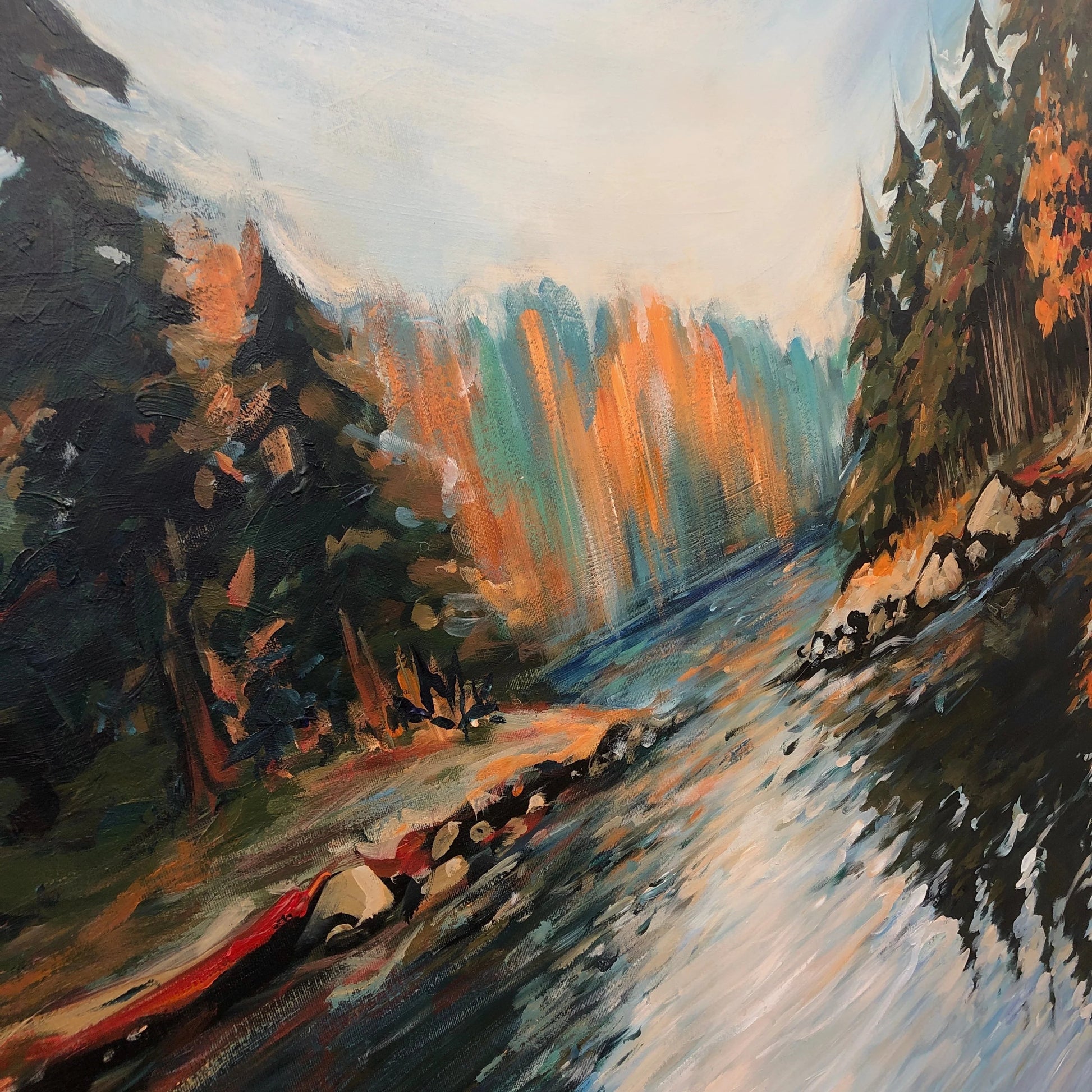 The image is an impressionist painting depicting a serene landscape with a winding river, lush green trees, and a hazy blue sky.