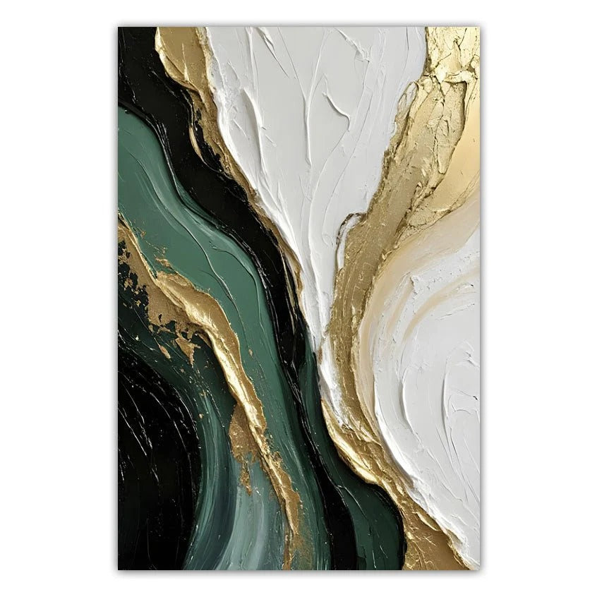 The image is an abstract painting with a mix of white, green, and black colors, creating a dynamic and visually striking composition.
