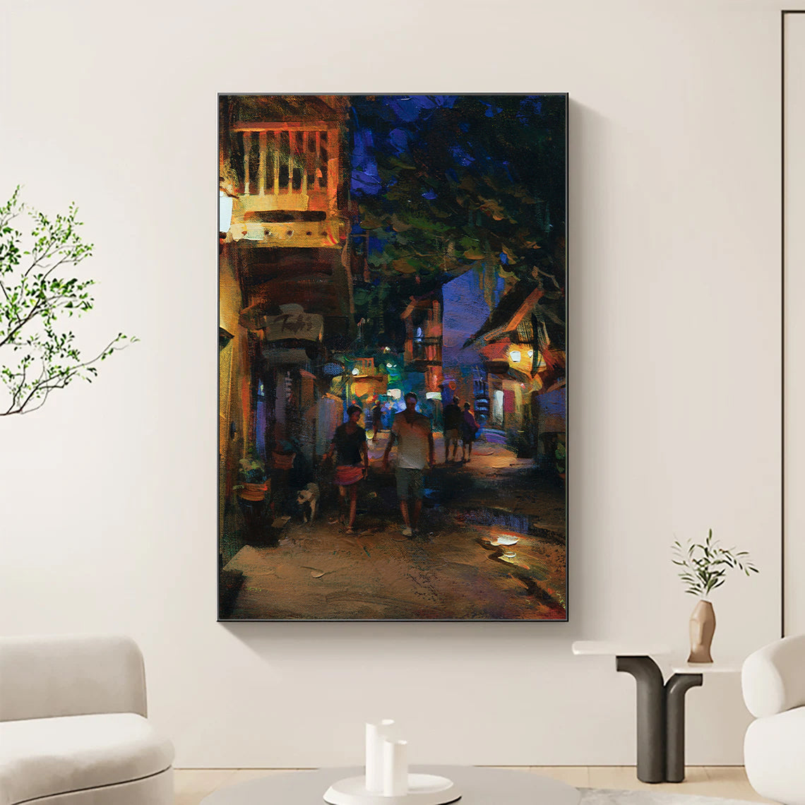 a painting of people walking down a street at night