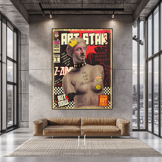 a living room with a couch and a painting on the wall