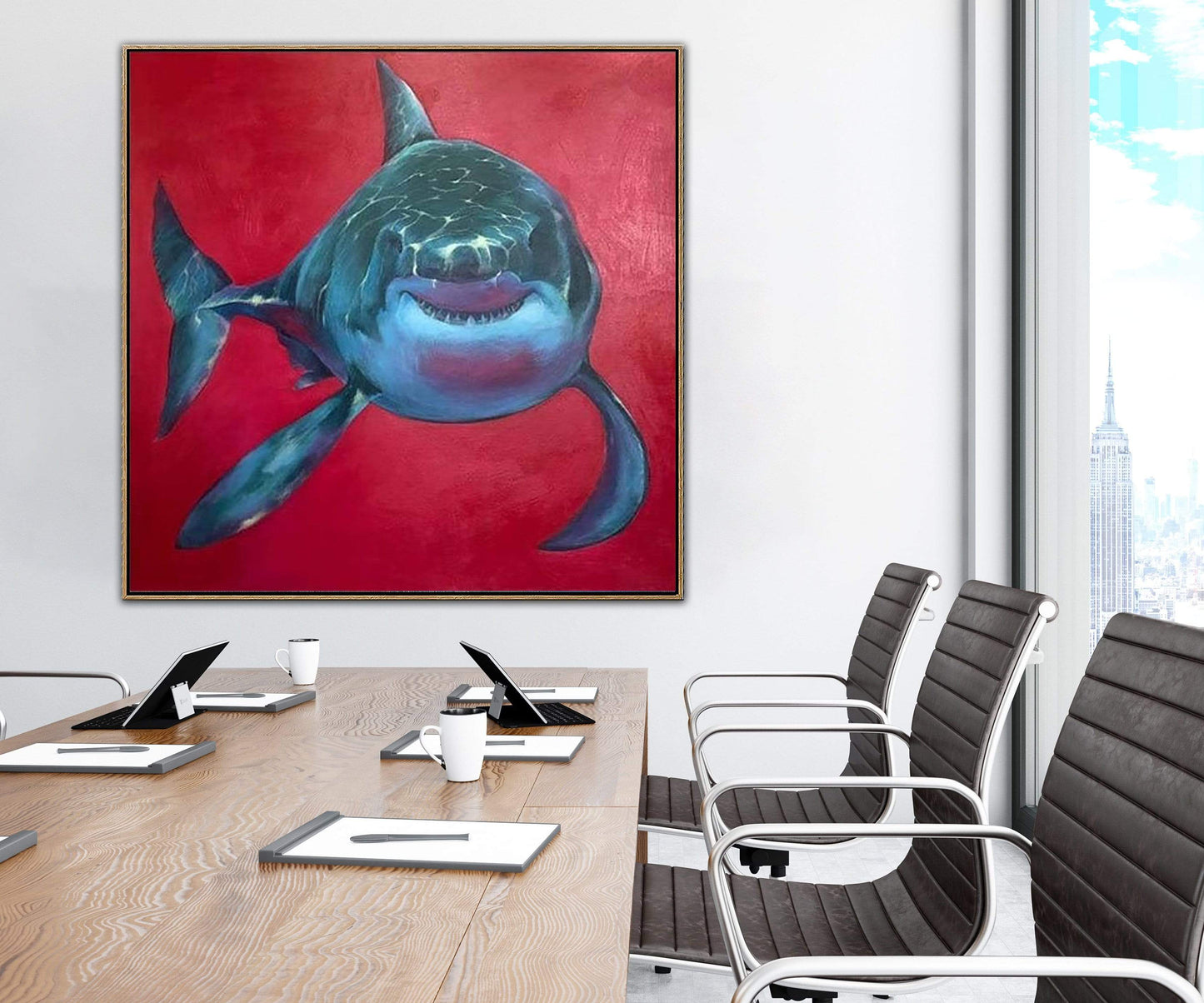 a painting of a shark on a red background