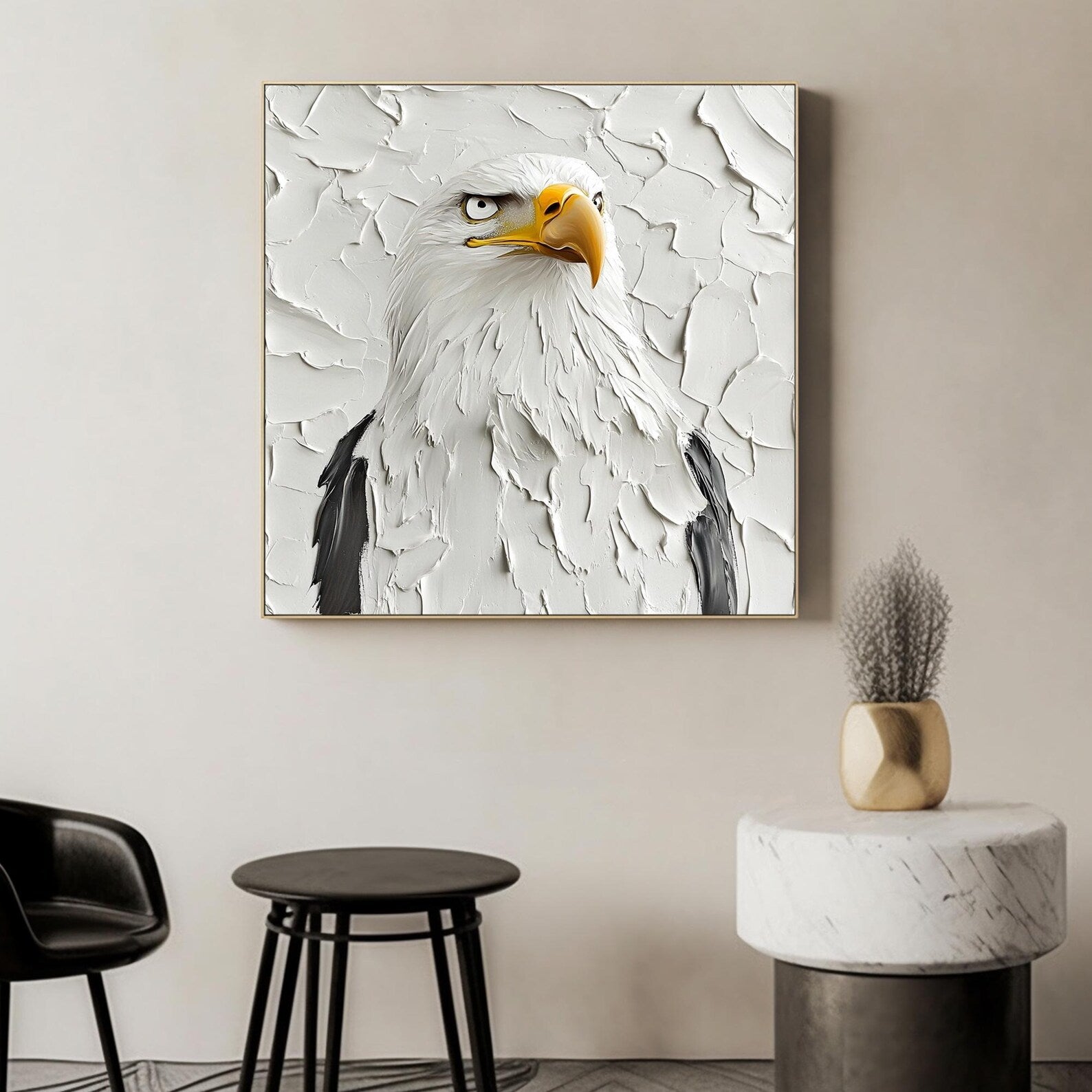 a painting of a bald eagle on a white wall