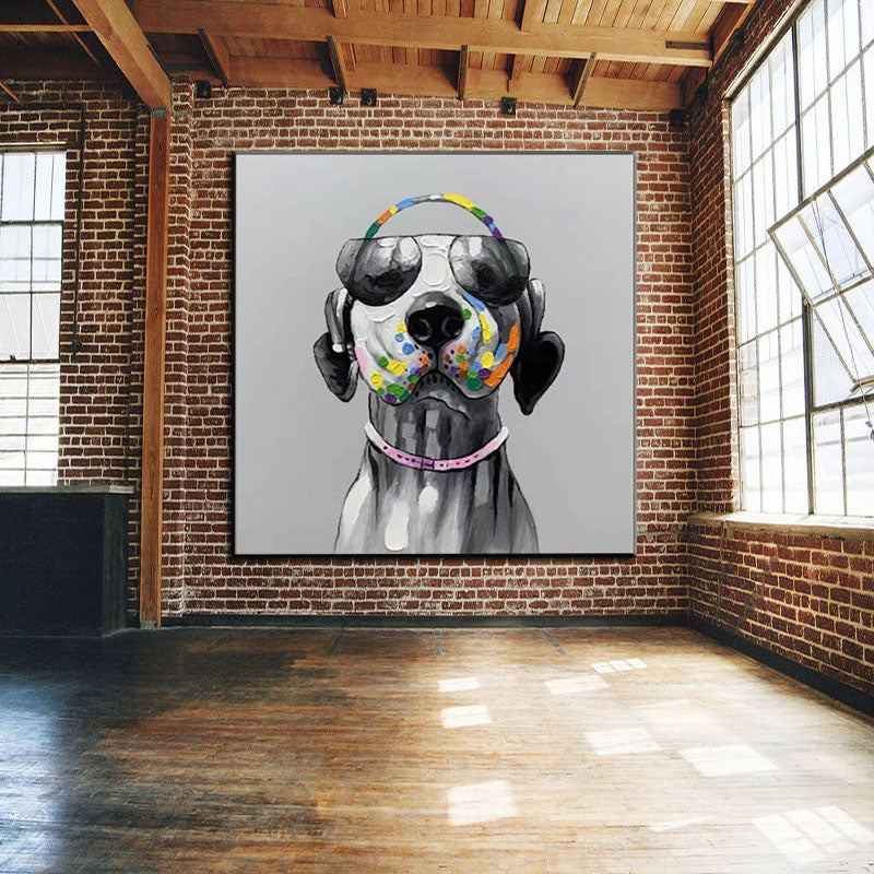 a painting of a dog wearing a colorful collar