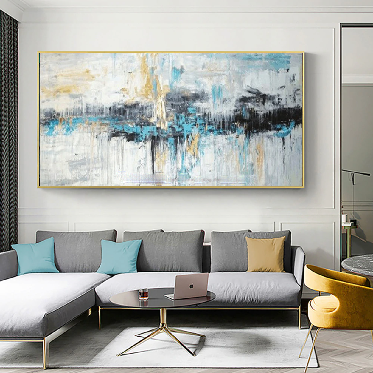 a living room with a large painting on the wall