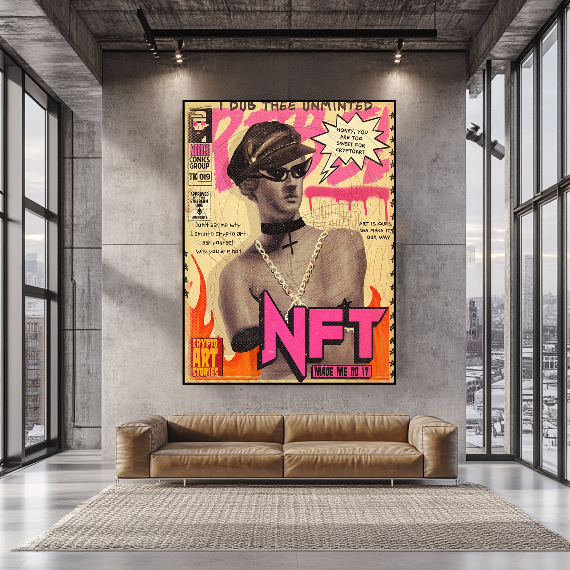 a living room with a couch and a painting on the wall