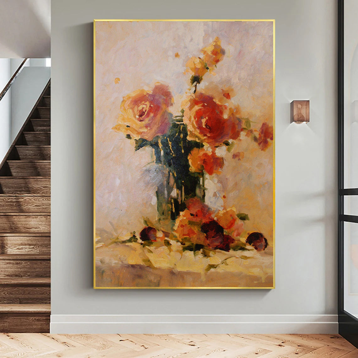 a painting of flowers in a vase on a wall