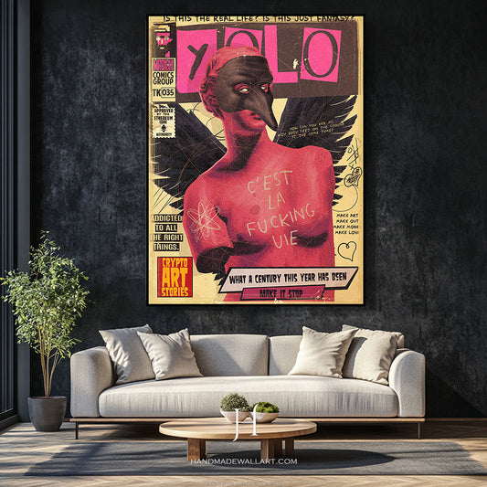 a living room with a couch and a painting on the wall