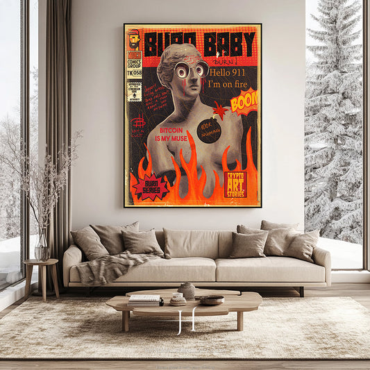 a living room with a couch and a poster on the wall
