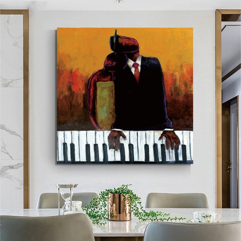 a painting of a man in a suit sitting at a piano