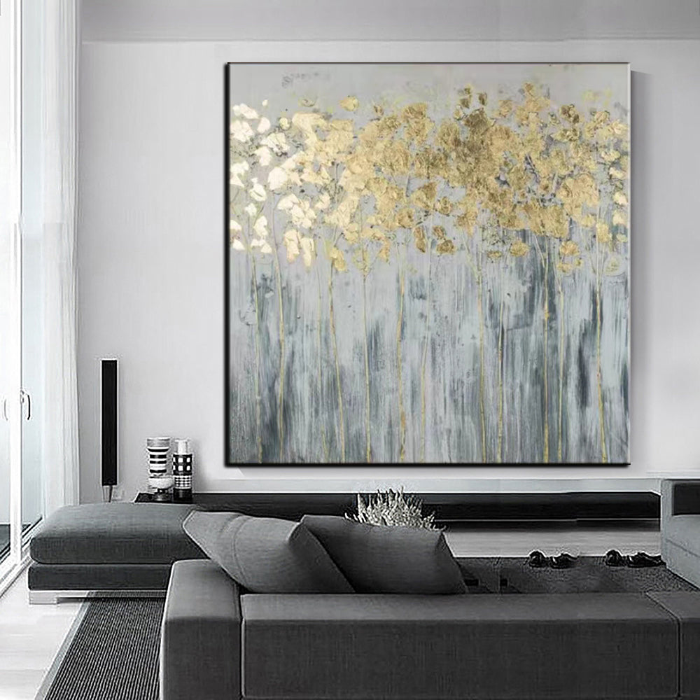 a living room with a large painting on the wall