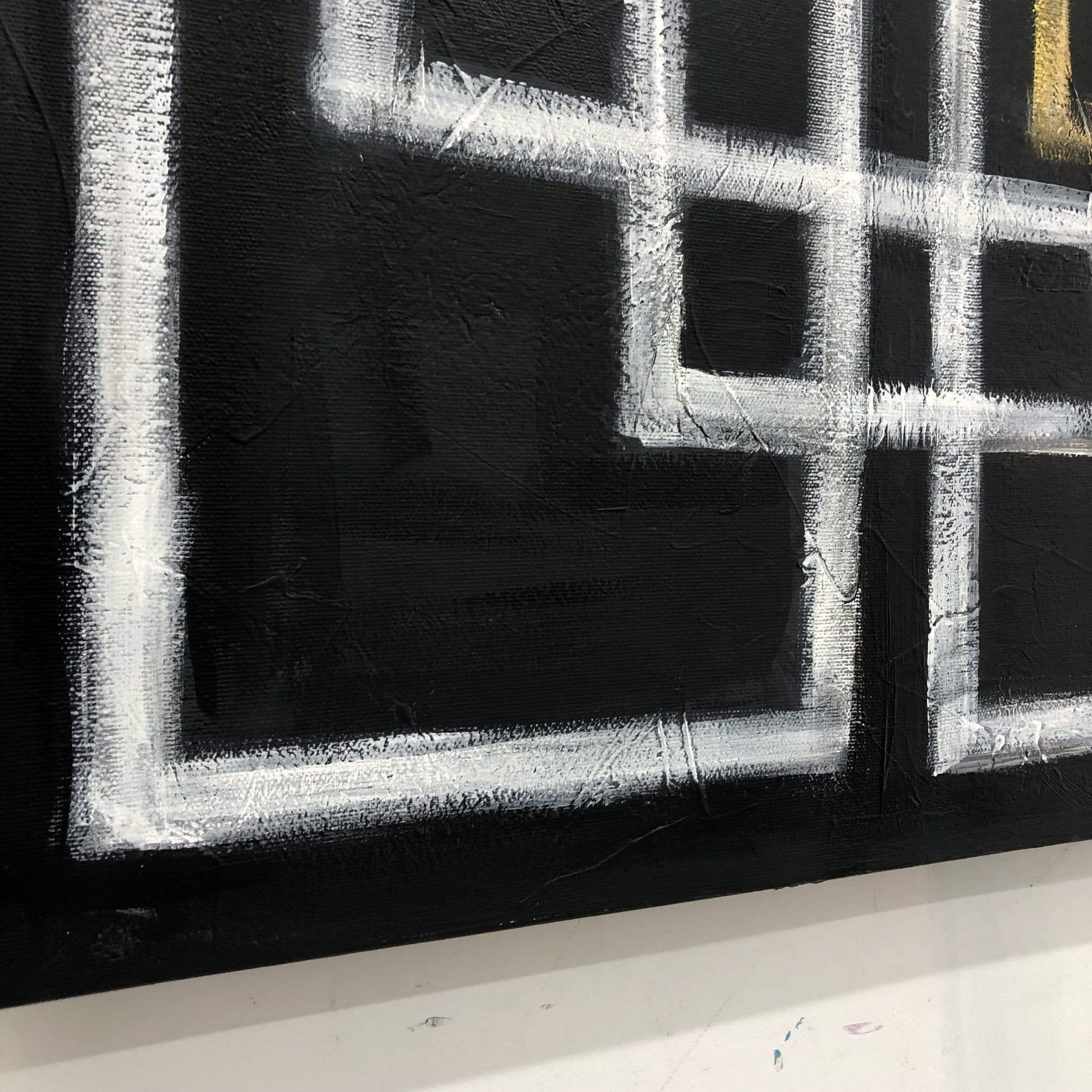 a black and white painting with yellow and white squares