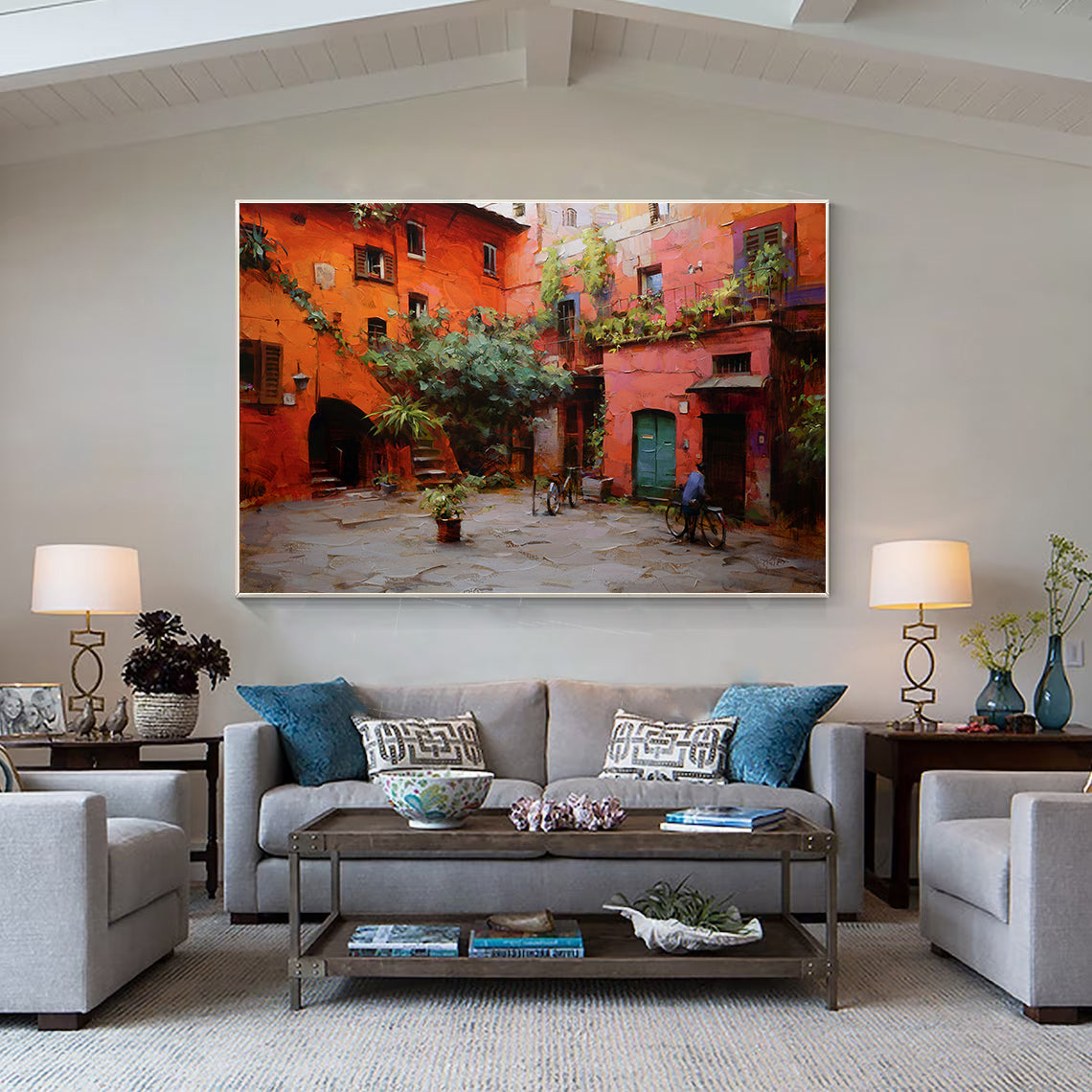 a living room filled with furniture and a painting on the wall