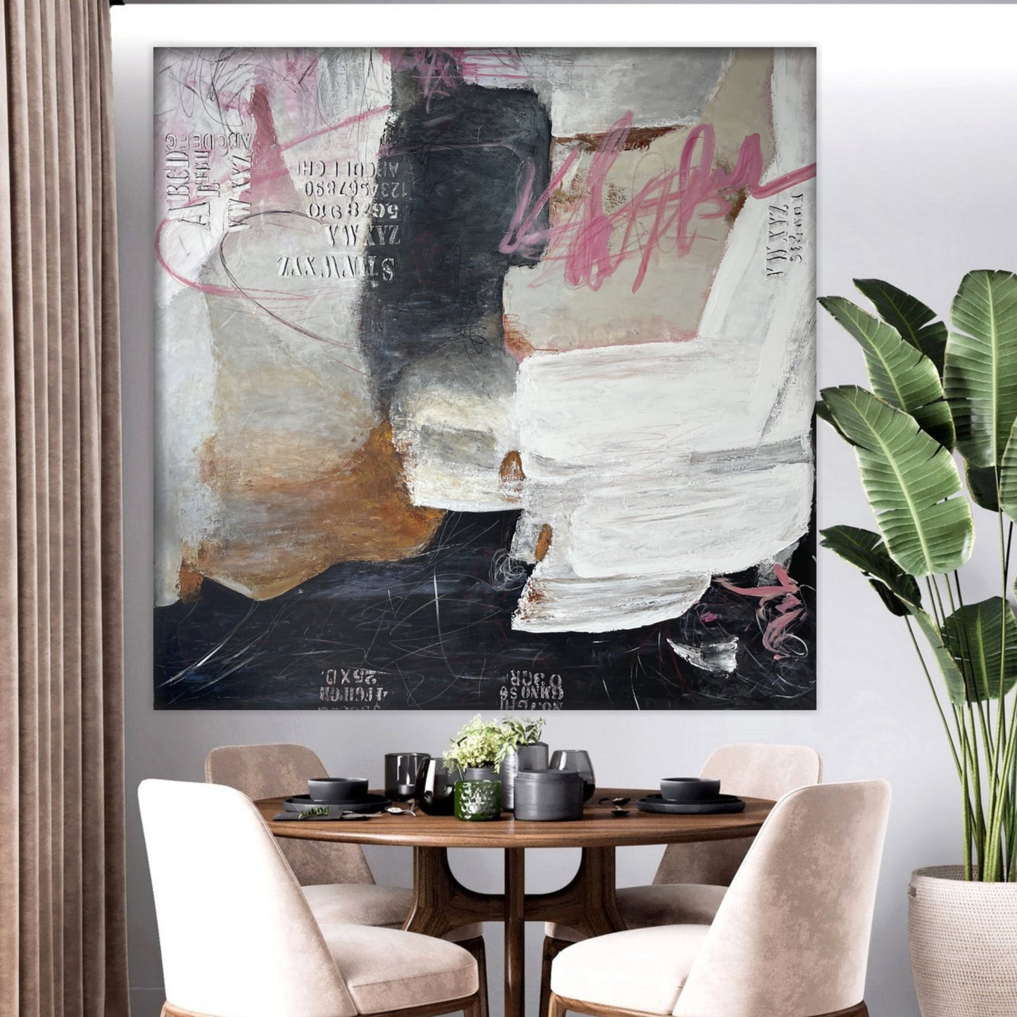 a dining room table with chairs and a painting on the wall