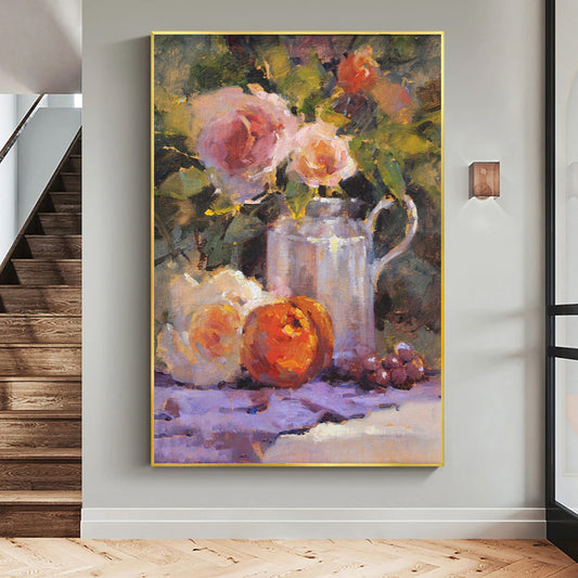 a painting of a vase of flowers and fruit on a table