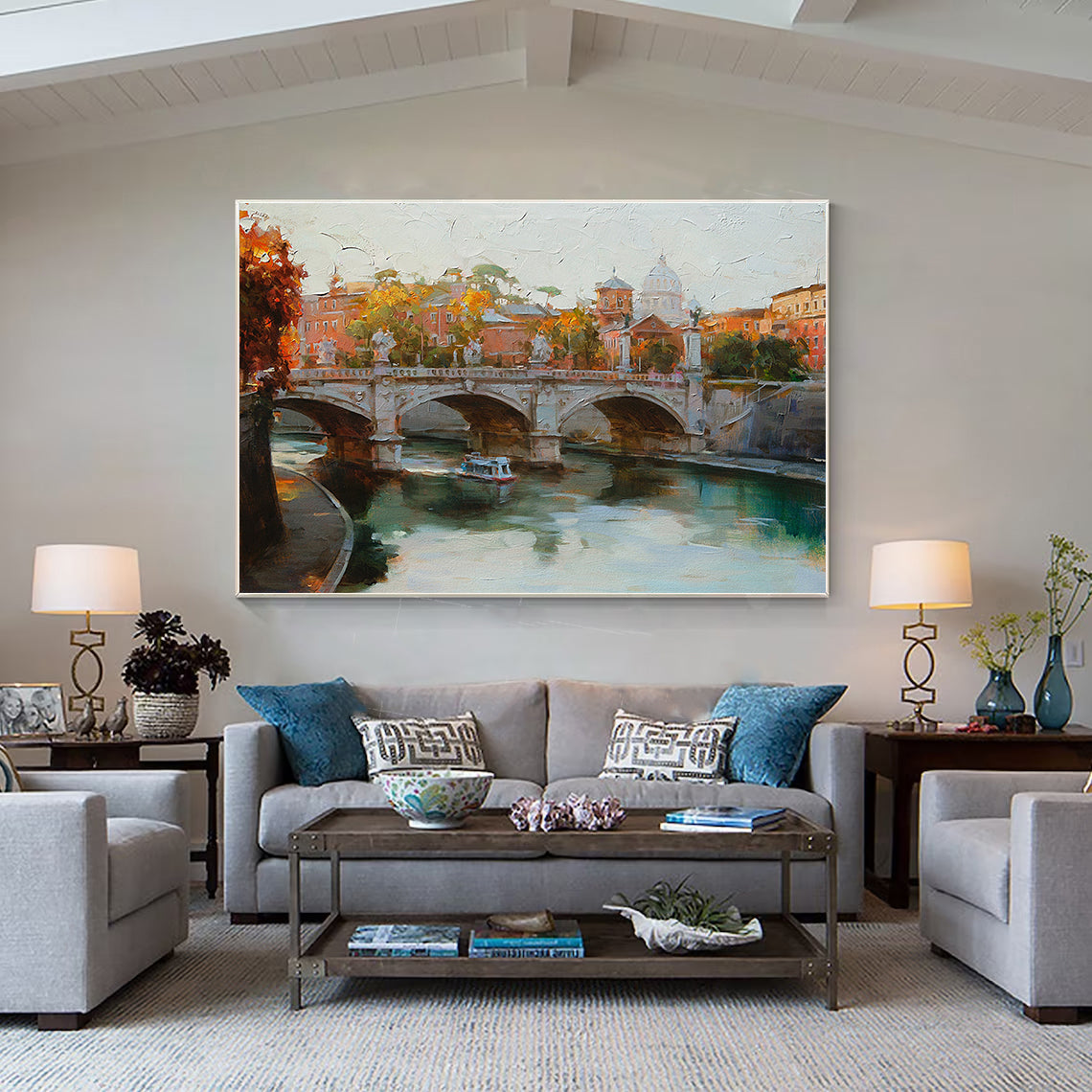 a living room filled with furniture and a painting on the wall