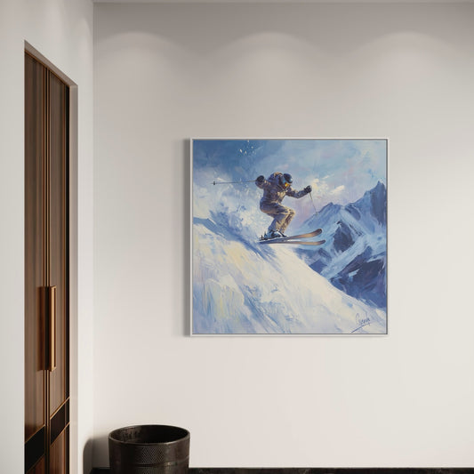 a painting of a snowboarder on a snowy mountain