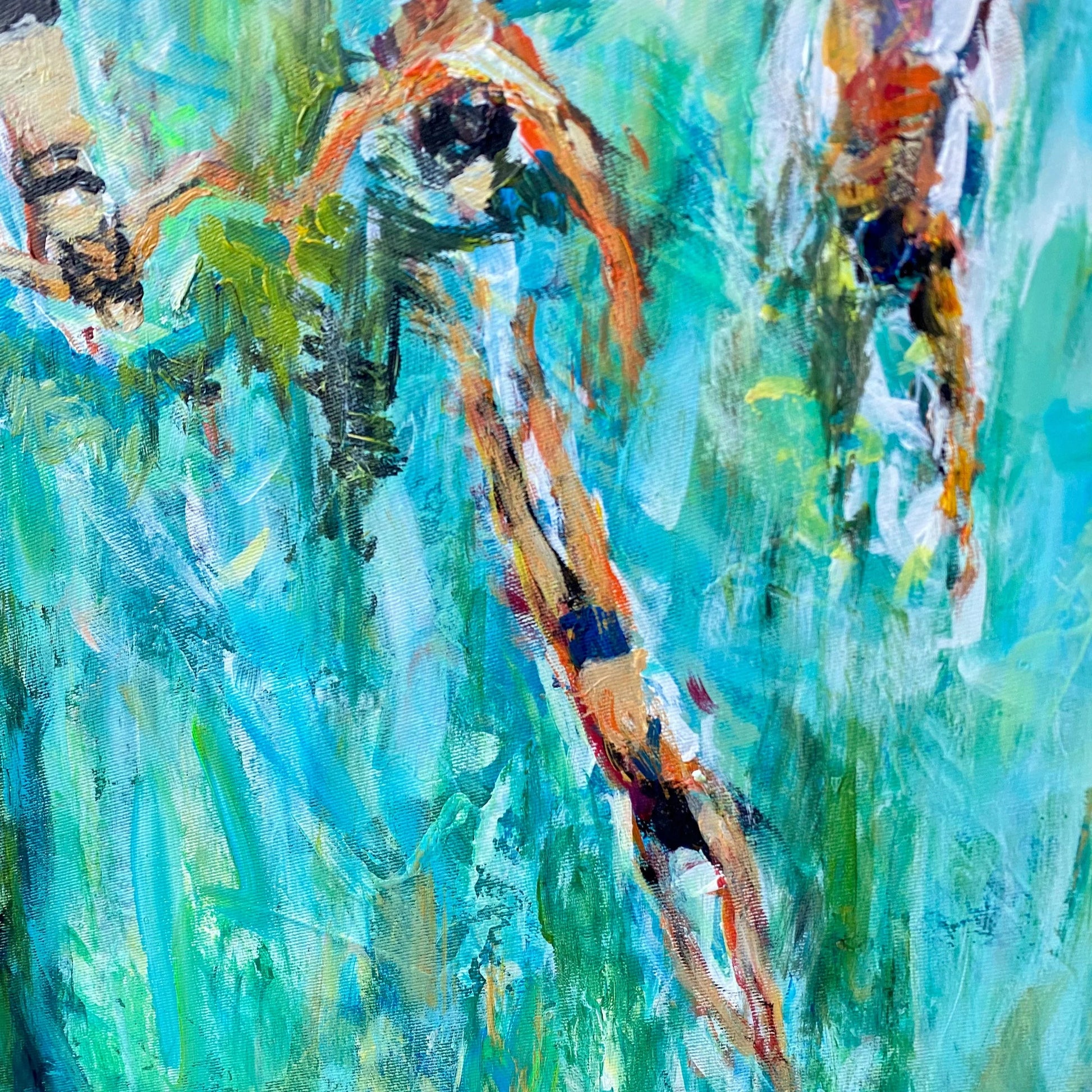 The image is an abstract painting with vibrant colors and brushstrokes, depicting a dynamic scene with various elements.