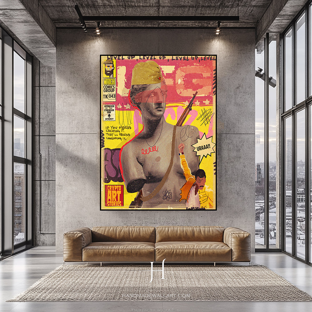 a living room with a couch and a painting on the wall