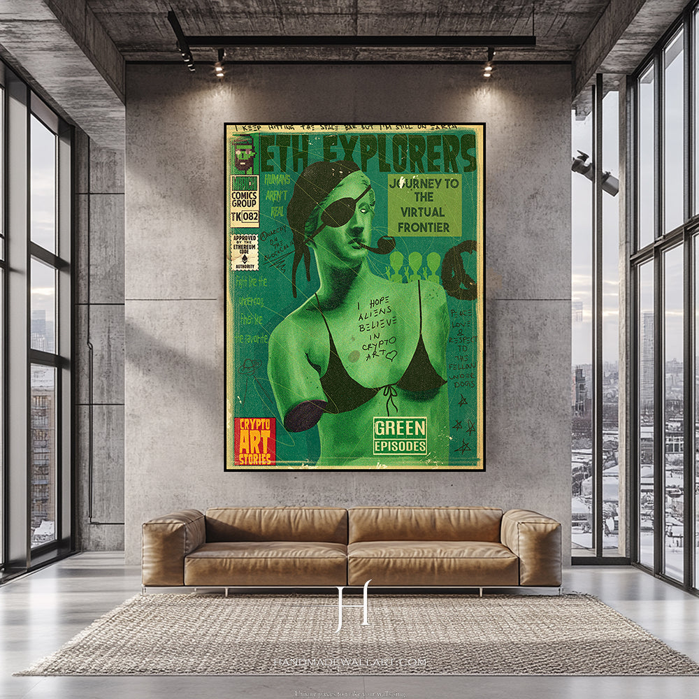 a living room with a couch and a poster on the wall