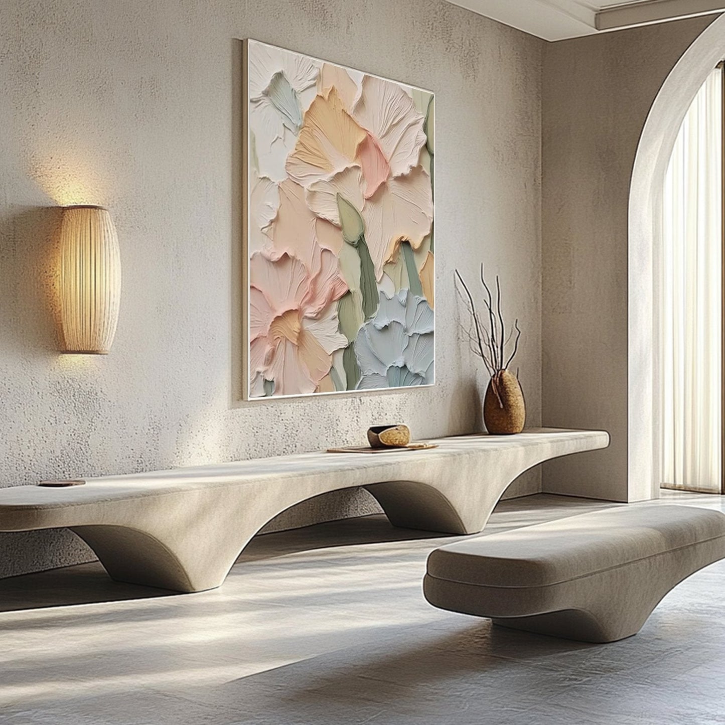 a modern and minimalist interior design with a large floral artwork hanging on the wall, a long bench, and a vase with branches on a table.