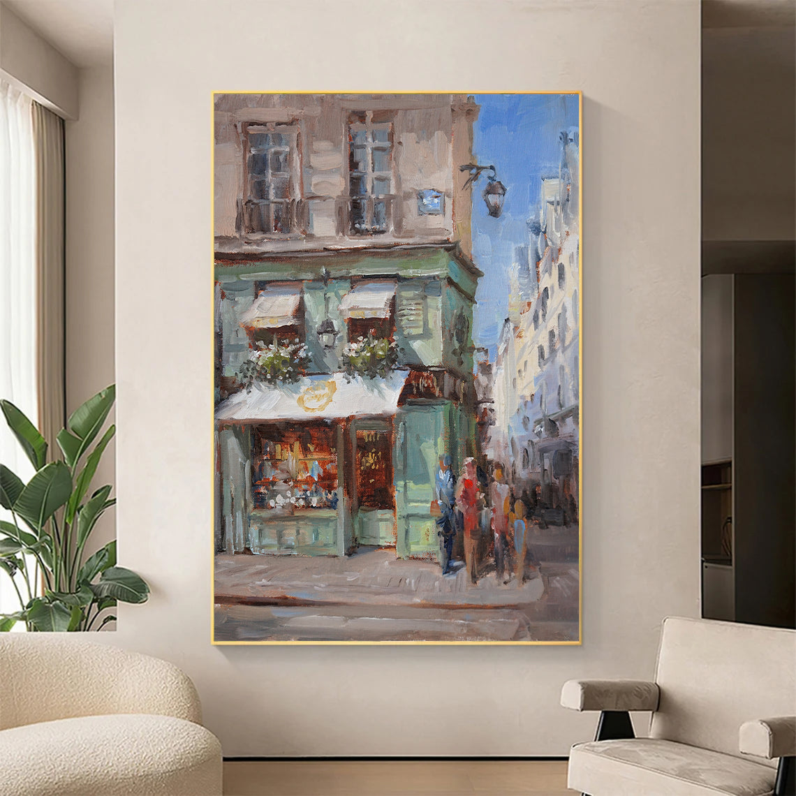 a painting of people walking down a street