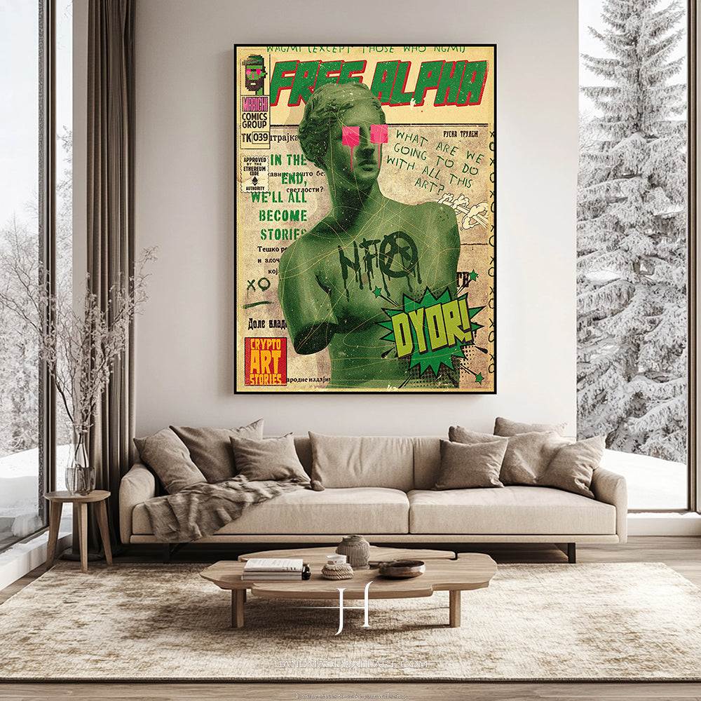 a living room with a couch and a painting on the wall