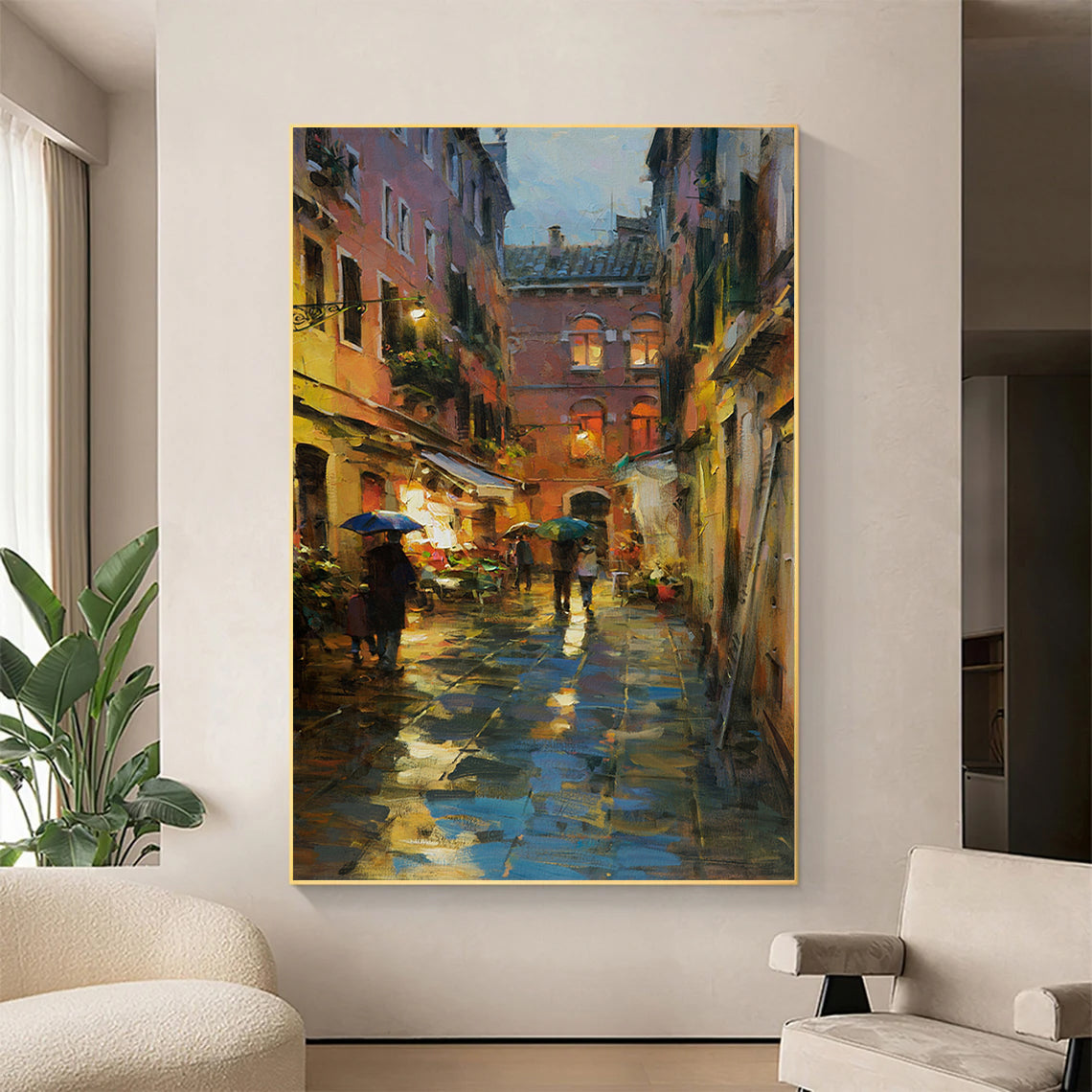 a painting of people walking down a street at night