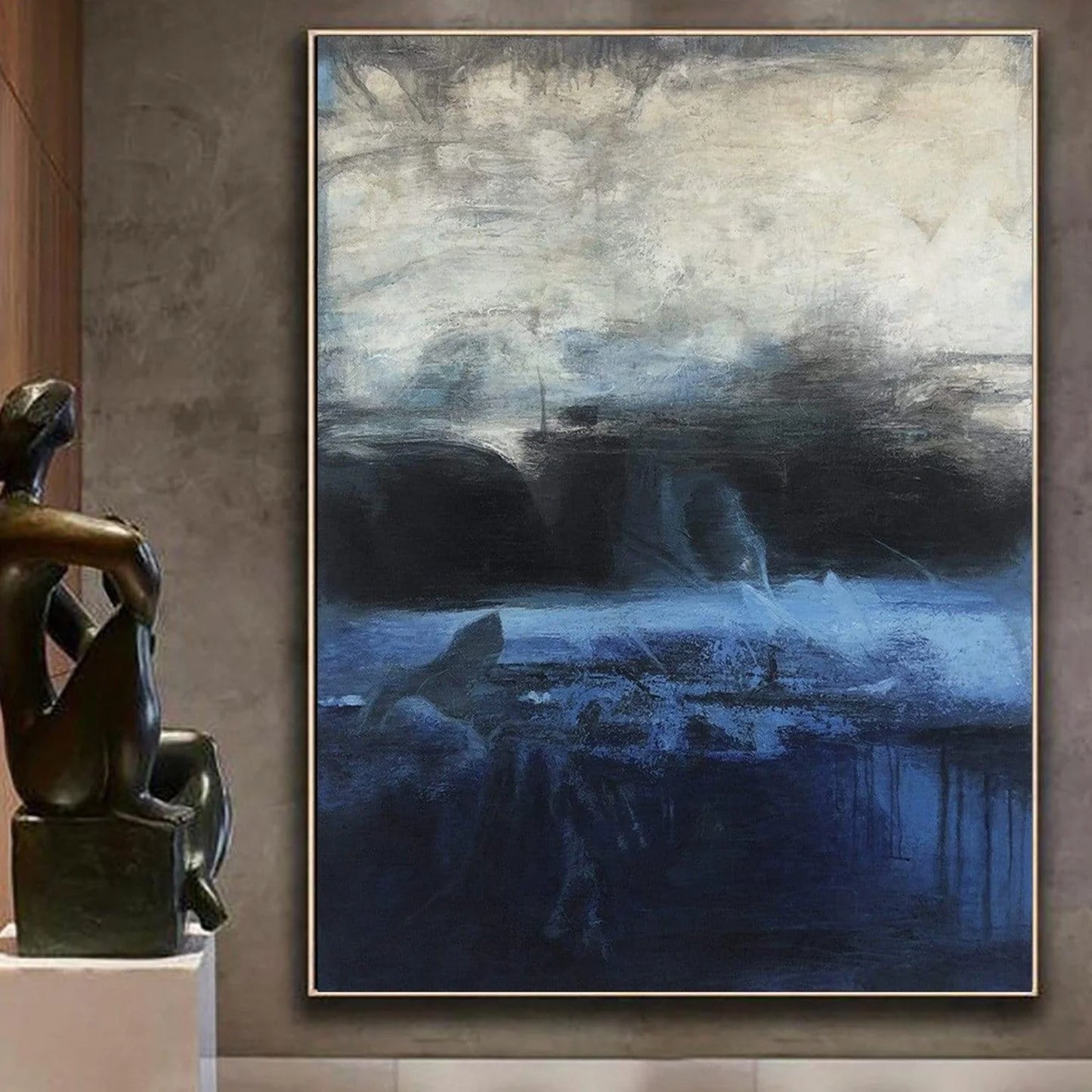 a large abstract painting with a dark blue and white color palette, depicting a landscape scene with a body of water and a boat.