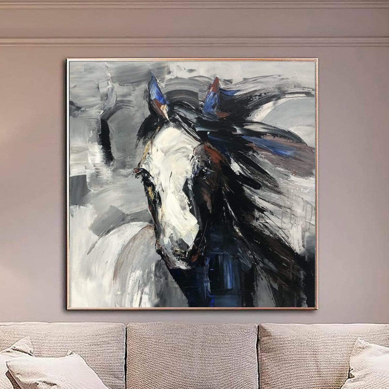 a painting of a horse in a living room