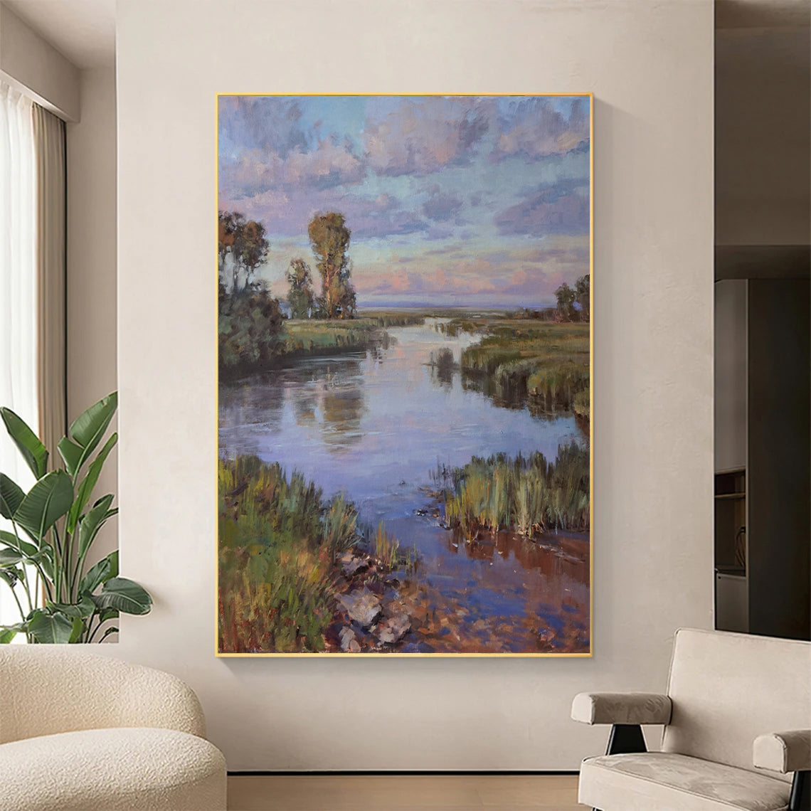 a painting of a river in a living room