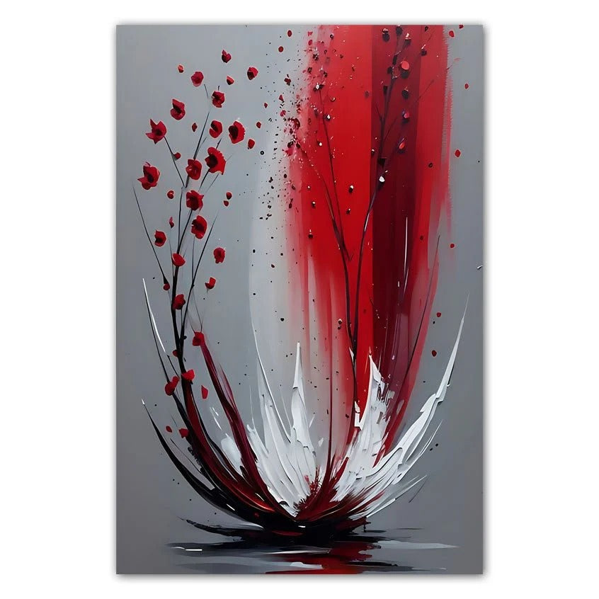 The image is an abstract painting featuring a striking contrast of red and white colors. The painting is composed of various brushstrokes and splatters, creating a dynamic and energetic visual effect. The overall composition is visually captivating and evokes a sense of movement and energy.