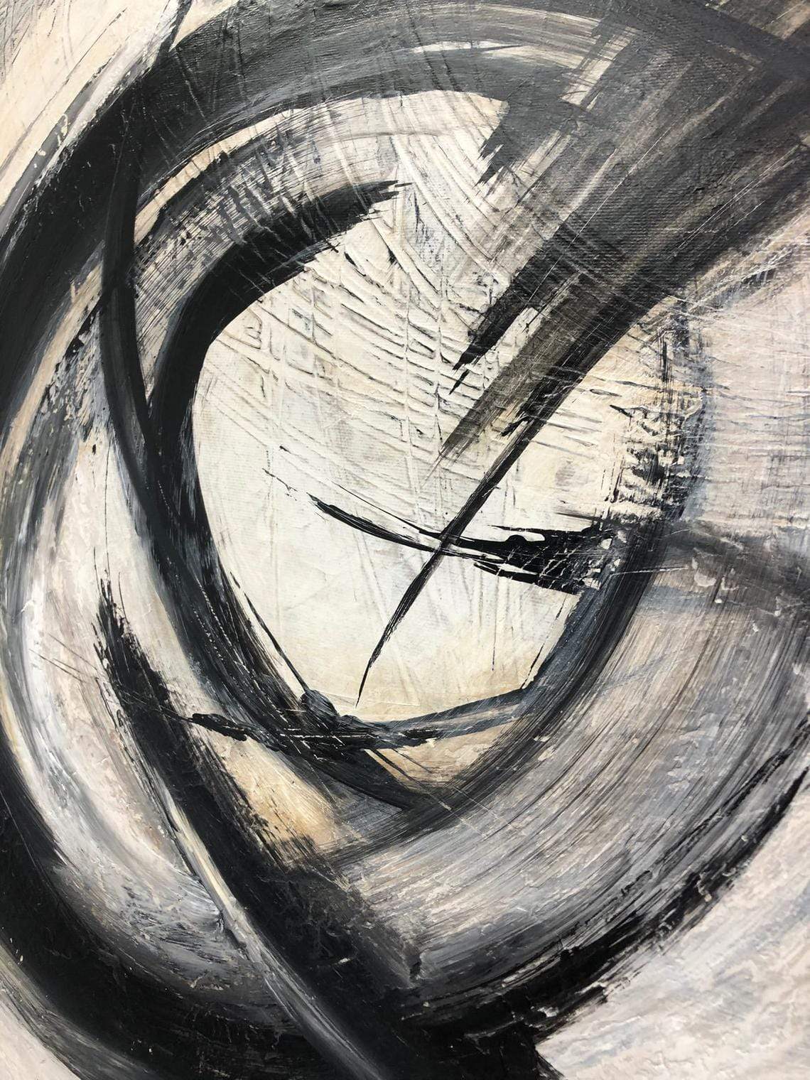 an abstract painting with black and white colors