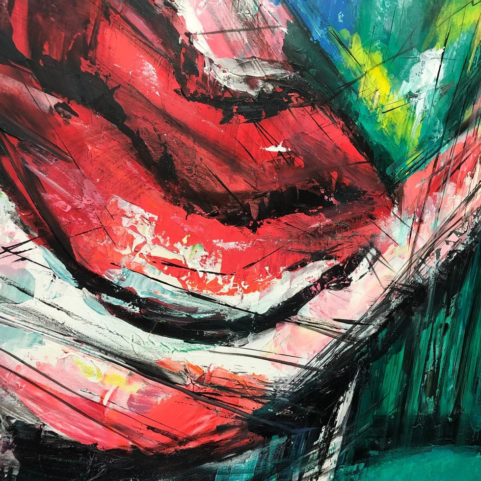 The image is an abstract painting with bold, expressive brushstrokes in various colors including red, black, green, and white. The painting appears to be a dynamic and energetic composition, with a sense of movement and energy.