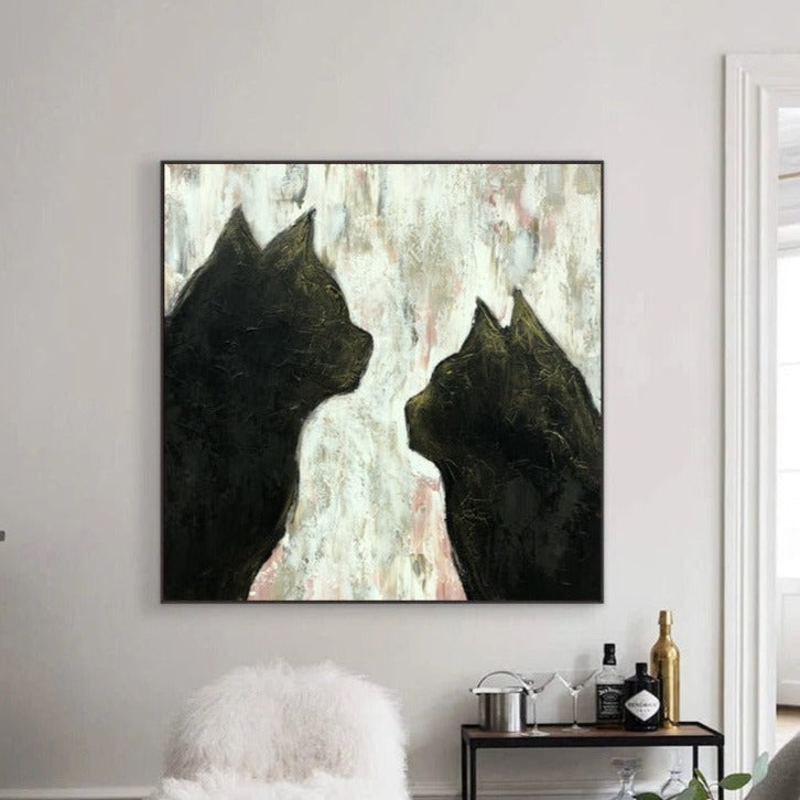 a black and white painting on a wall in a living room