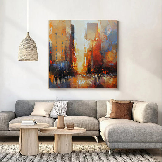 a living room with a large painting on the wall