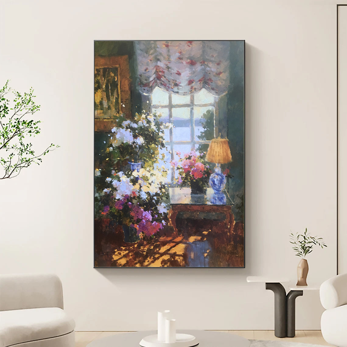 a painting of flowers in a living room