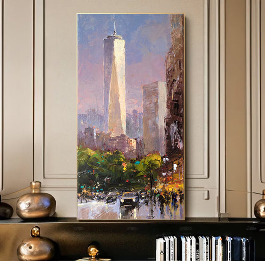 a painting of a city with tall buildings