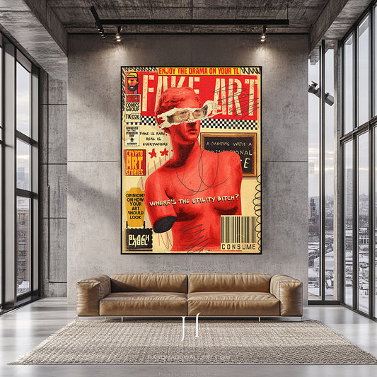 a living room with a couch and a painting on the wall