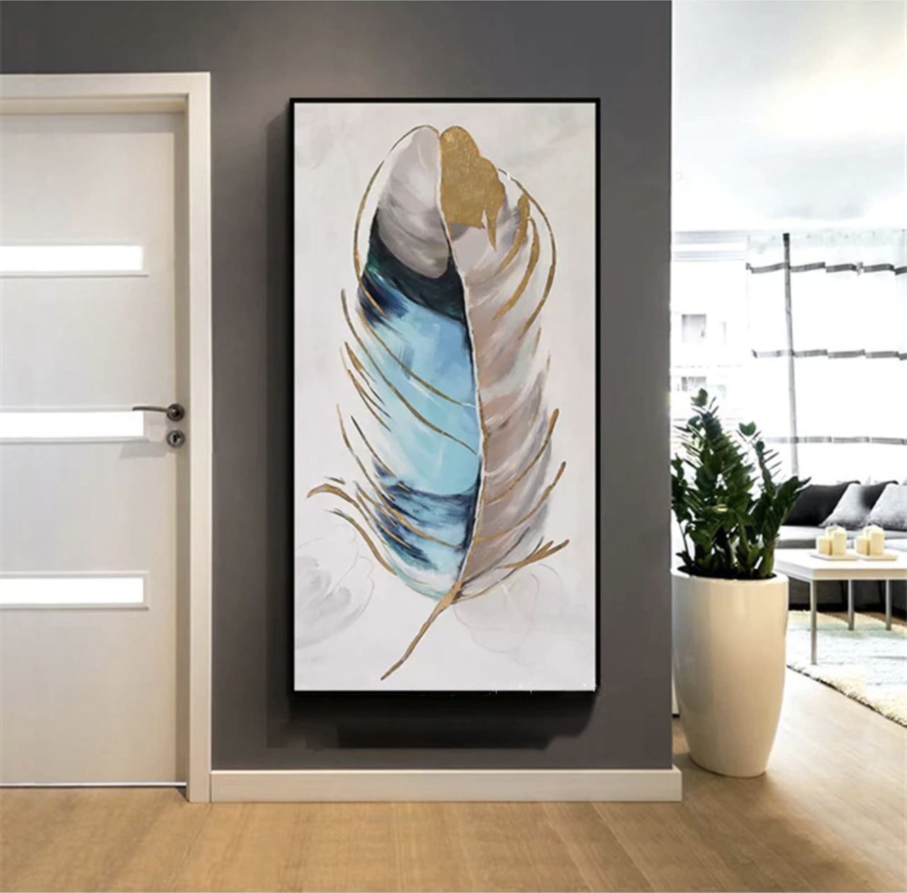 a painting of a feather on a wall