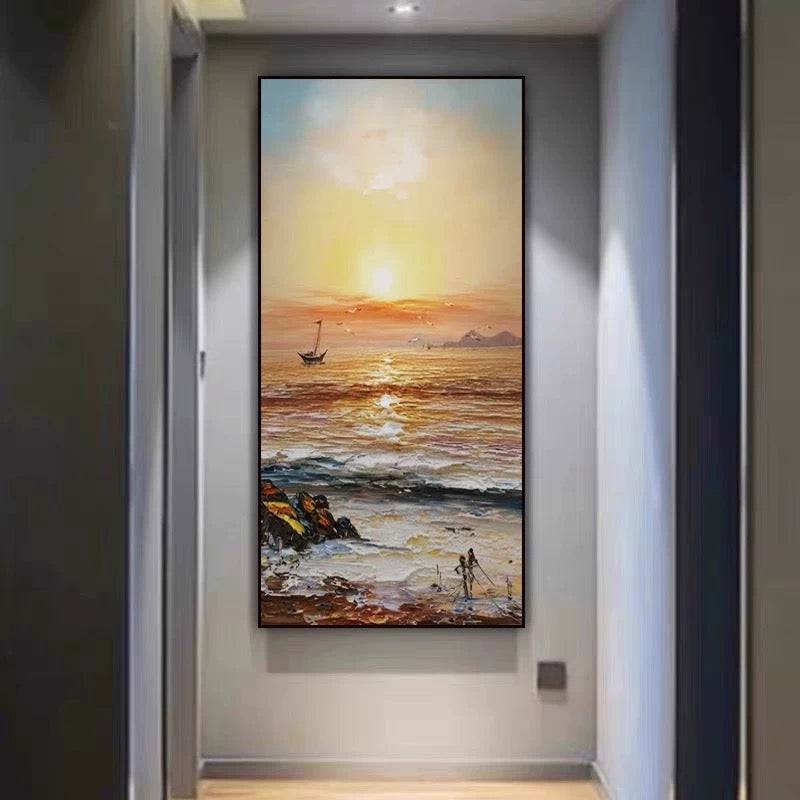 a painting hanging on a wall in a hallway