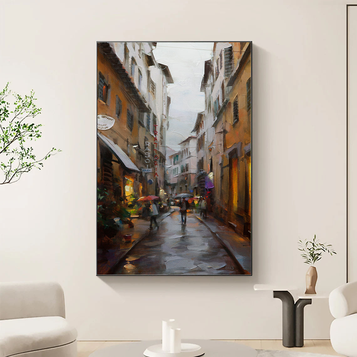 a painting of people walking down a city street