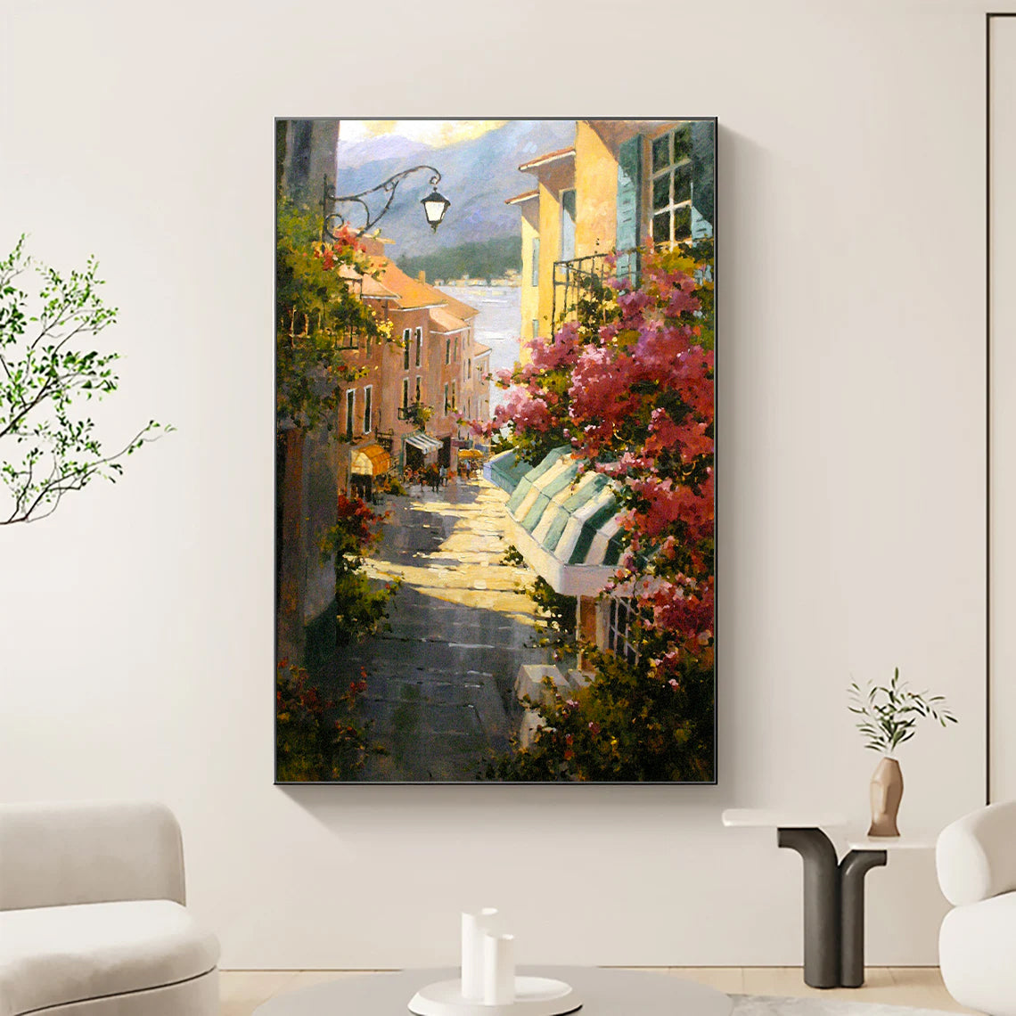 a painting of a street with flowers and umbrellas