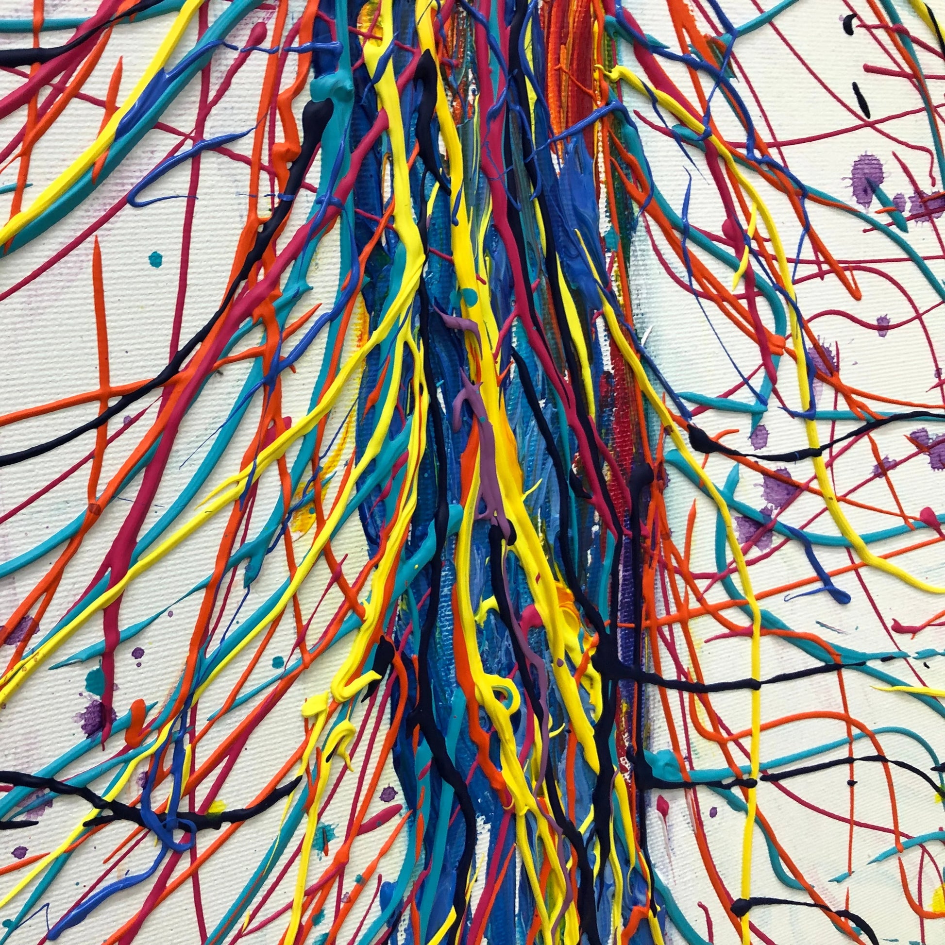 The image is a vibrant abstract painting with a riot of colors, including red, blue, yellow, green, and purple, creating a dynamic and energetic visual experience.