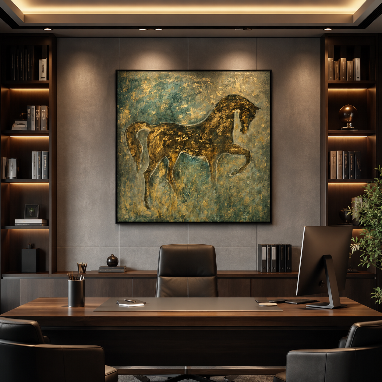 a modern office space with a large painting of a horse on the wall, a wooden desk with a computer monitor, and a bookshelf filled with books.