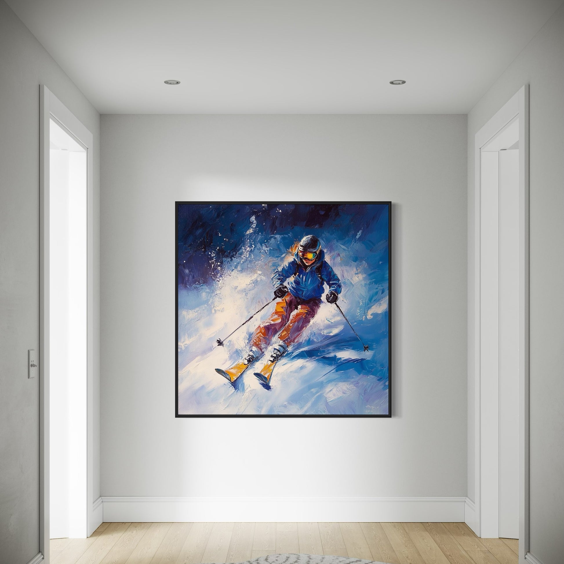 a painting of a skier is hanging in a room