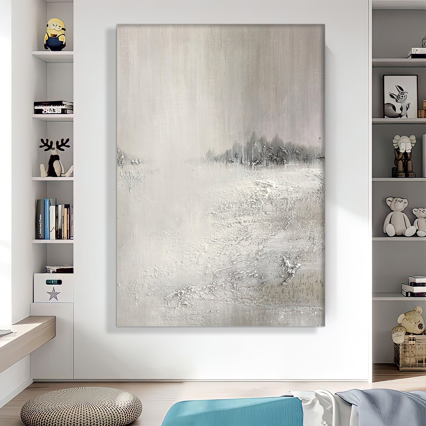 a painting hanging on a wall in a living room