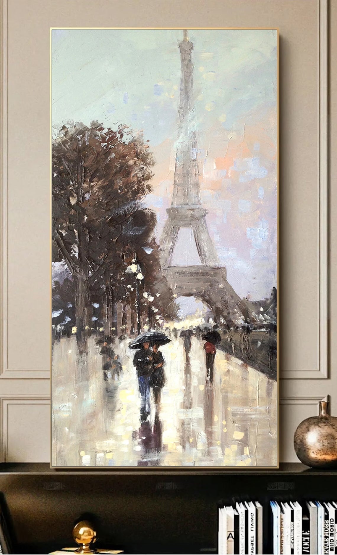 a painting of people walking in the rain in front of the eiffel tower