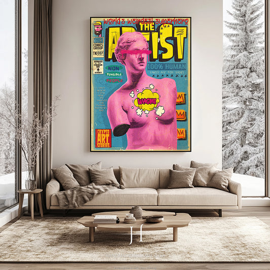 a living room with a couch and a painting on the wall